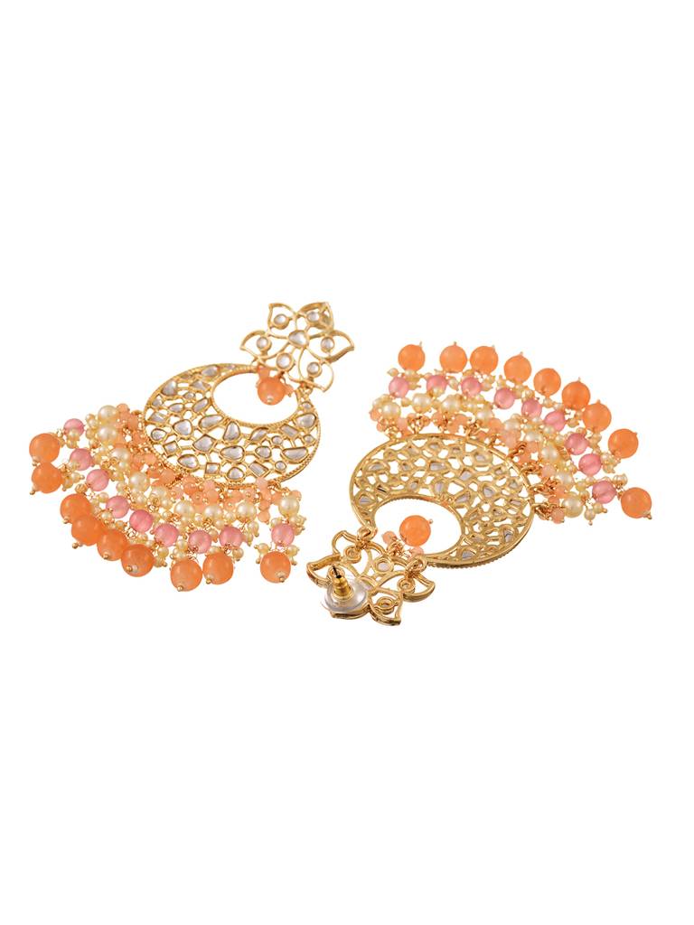Gold Plated Orange Kundan Studded & Beadded Modern Chandballi Earrings : SJER1699