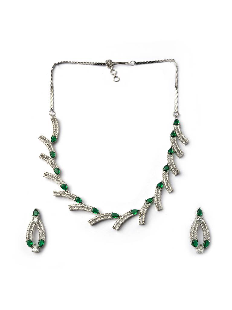 Sleek Luxurious Symmetrical Line Ad Necklace Set For Weddings, Parties And Festivals : AD139GREEN