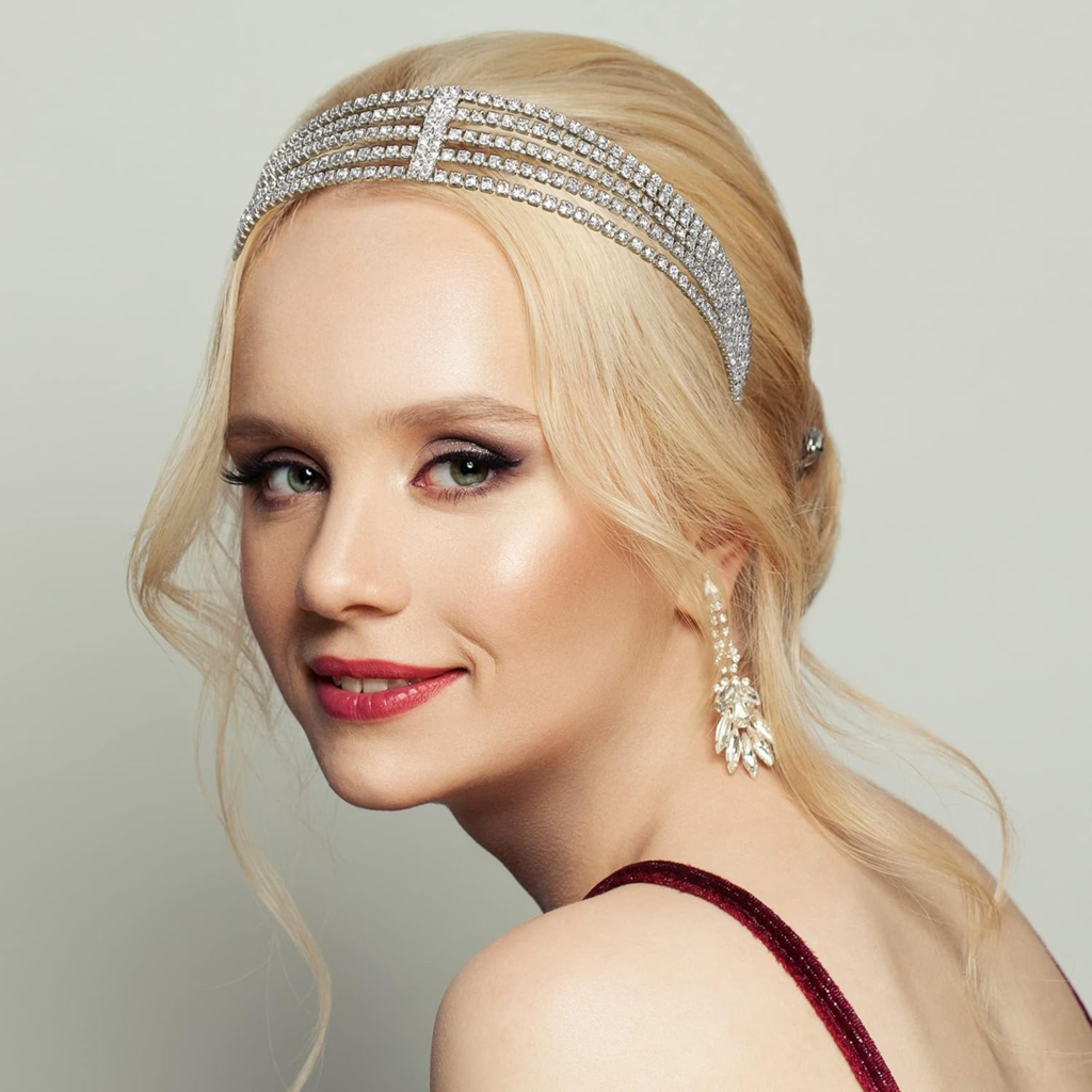 Multi-Layer Rhinestone Headband For Women - 5 Row Crystal Elastic Hair Band - Sparkling Diamond Hair Acce : MRSK-PT-GOLDSILVER