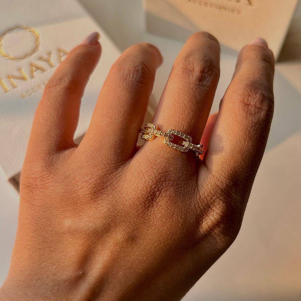 18Kt Gold Plated Cuban Stackable Zircon Open Adjustable Ring, Raya : INRAYA