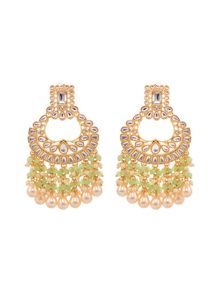 Gold Plated Mint Kundan Studded & Beadded Cresent Chandballi Earrings : SJER1700