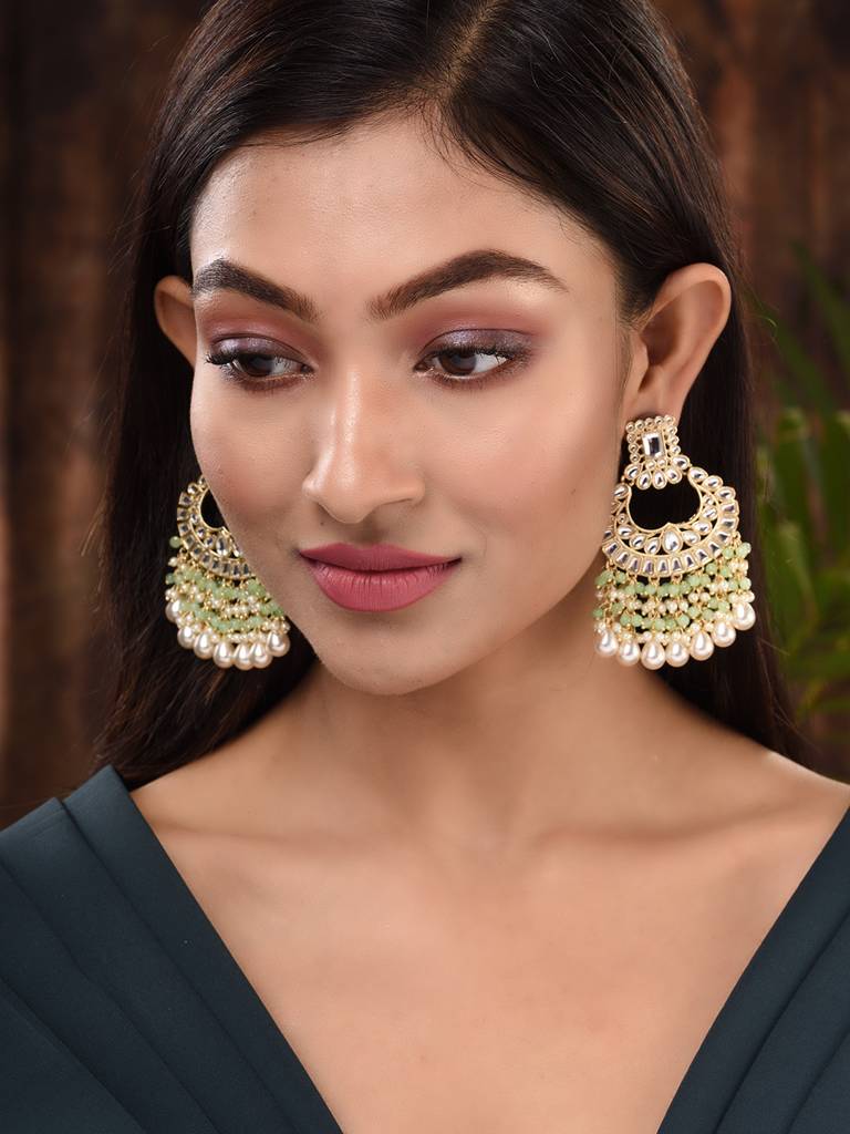 Gold Plated Mint Kundan Studded & Beadded Cresent Chandballi Earrings : SJER1700