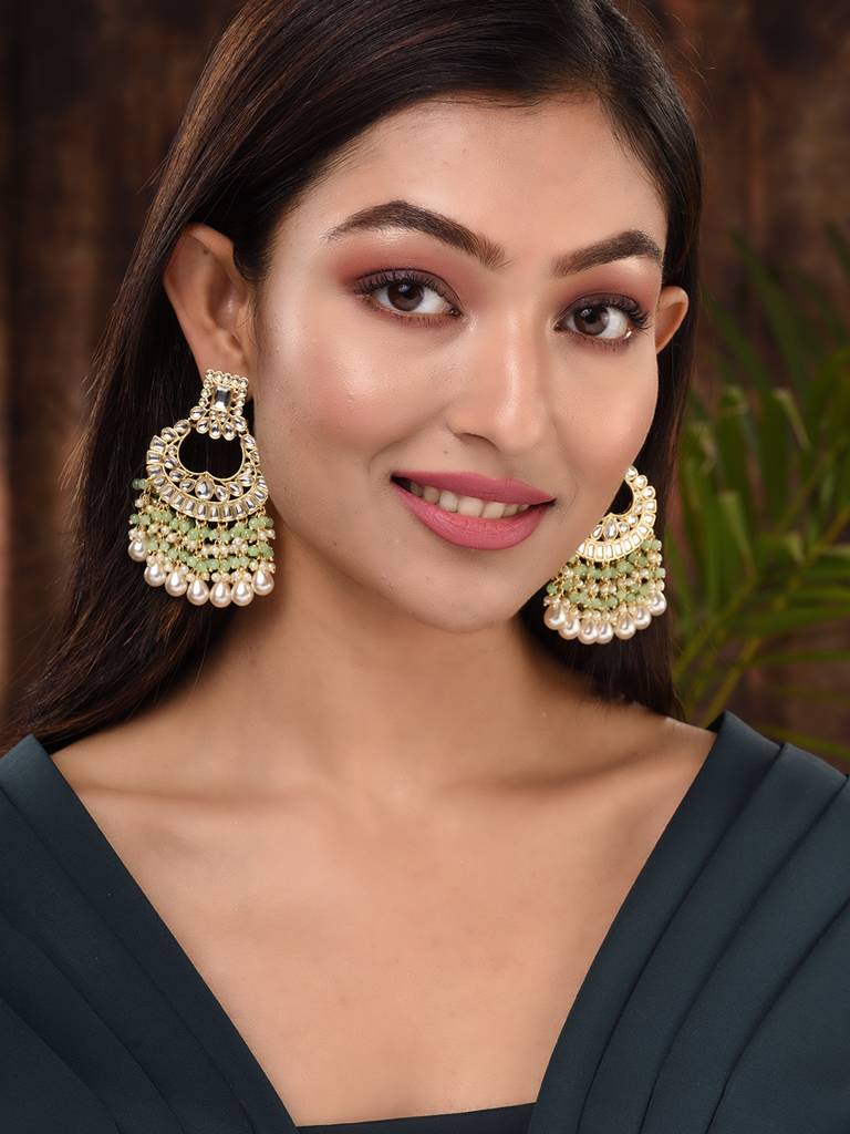 Gold Plated Mint Kundan Studded & Beadded Cresent Chandballi Earrings : SJER1700