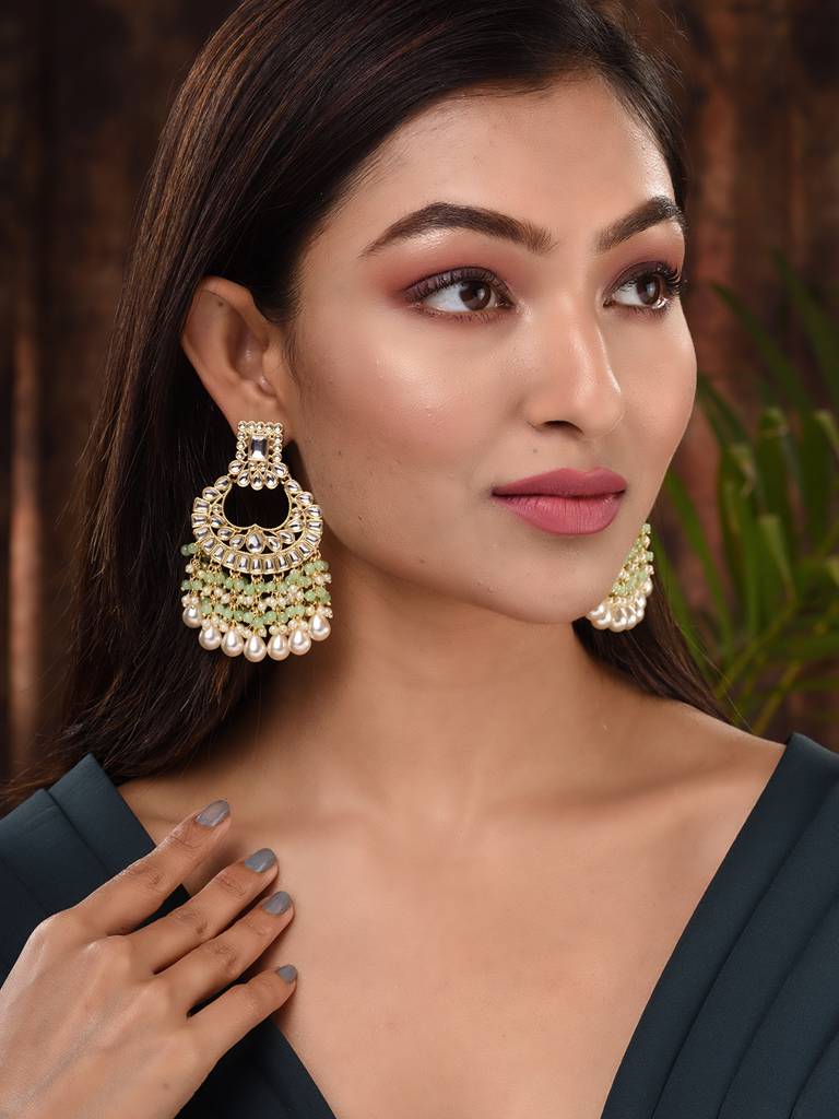 Gold Plated Mint Kundan Studded & Beadded Cresent Chandballi Earrings : SJER1700