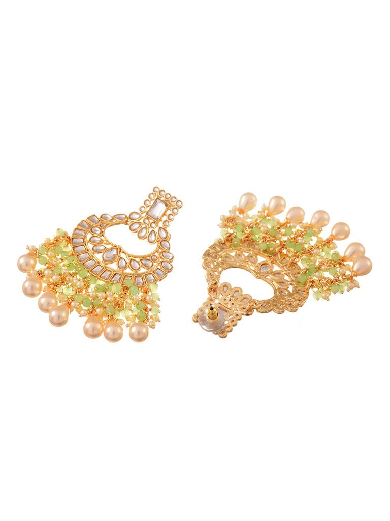 Gold Plated Mint Kundan Studded & Beadded Cresent Chandballi Earrings : SJER1700