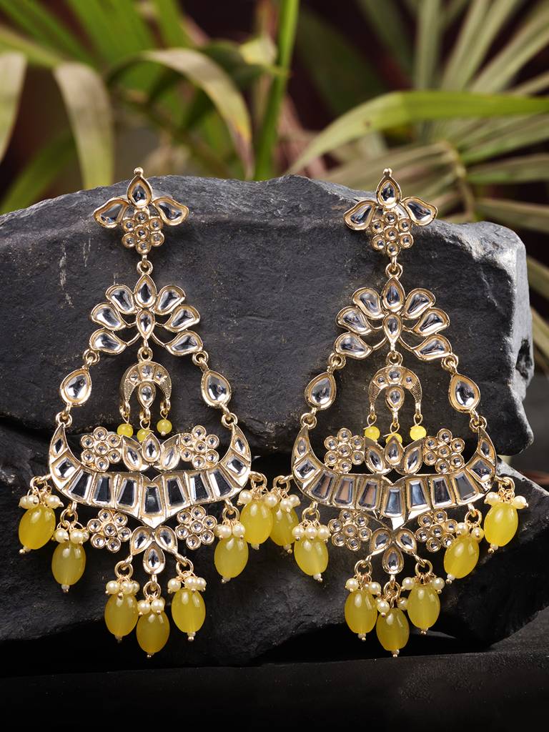 Eternz Certified Jewellery - Saraf RS Jewellery Gold Plated Yellow Kundan Studded & Beadded Modern Dangler Earrings (Free Size)