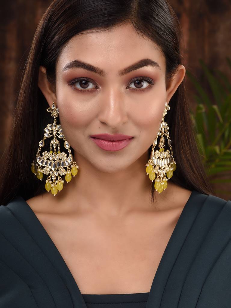 Gold Plated Yellow Kundan Studded & Beadded Modern Dangler Earrings : SJER1701