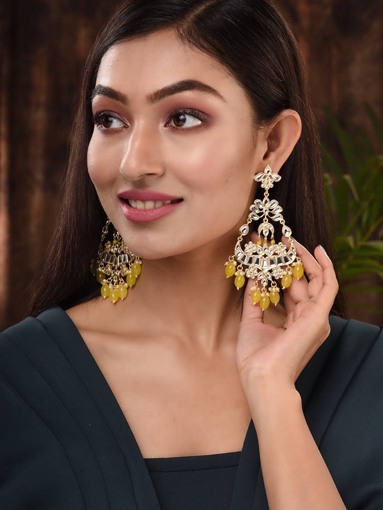 Gold Plated Yellow Kundan Studded & Beadded Modern Dangler Earrings : SJER1701
