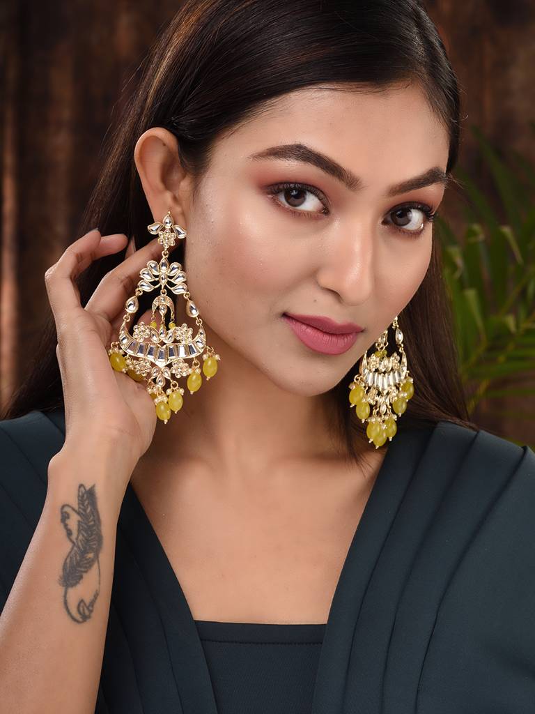 Gold Plated Yellow Kundan Studded & Beadded Modern Dangler Earrings : SJER1701