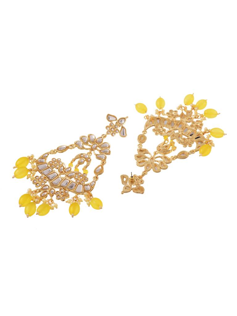 Gold Plated Yellow Kundan Studded & Beadded Modern Dangler Earrings : SJER1701