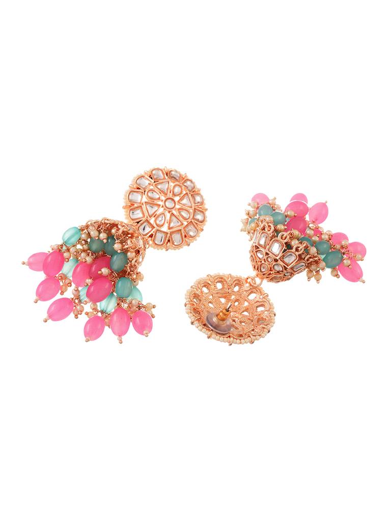 Gold Plated Mint & Pink Kundan Studded & Beadded Jhumka Earrings : SJER1702