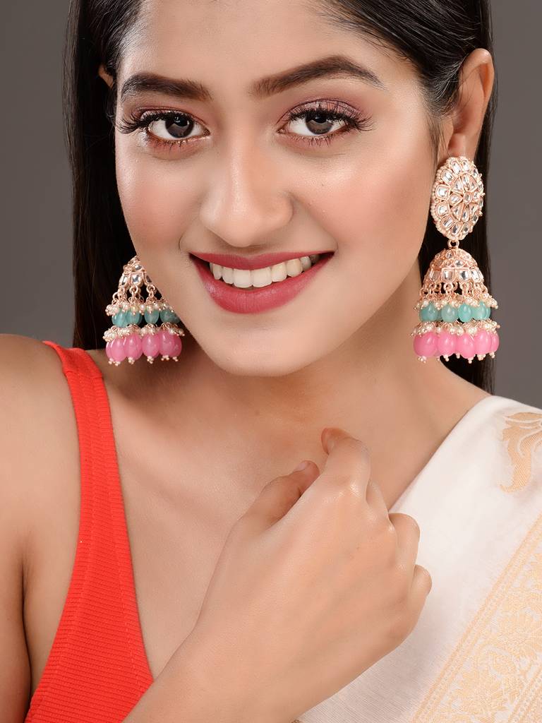 Gold Plated Mint & Pink Kundan Studded & Beadded Jhumka Earrings : SJER1702