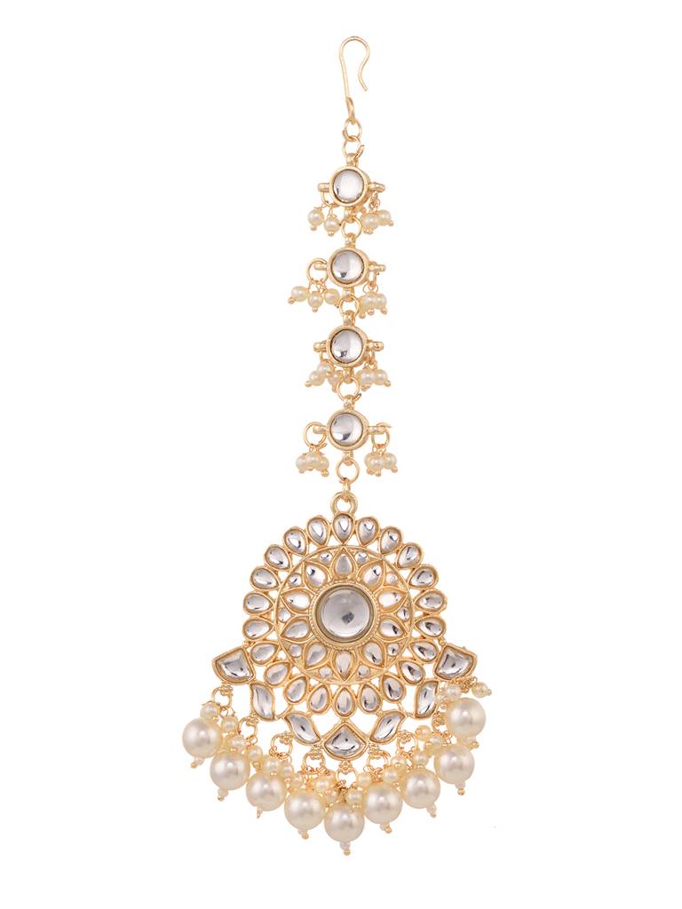 Gold Toned Kundan Studded & Pearl Beadded Modern Solar Maangtika : SJMT1705