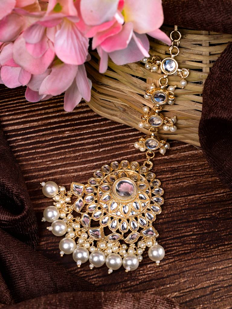 Gold Toned Kundan Studded & Pearl Beadded Modern Solar Maangtika : SJMT1705