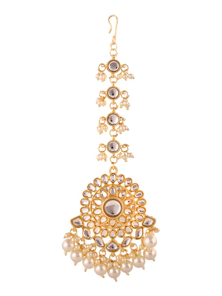 Gold Toned Kundan Studded & Pearl Beadded Modern Solar Maangtika : SJMT1705