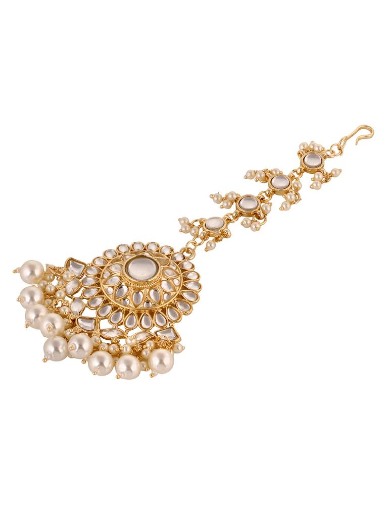 Gold Toned Kundan Studded & Pearl Beadded Modern Solar Maangtika : SJMT1705