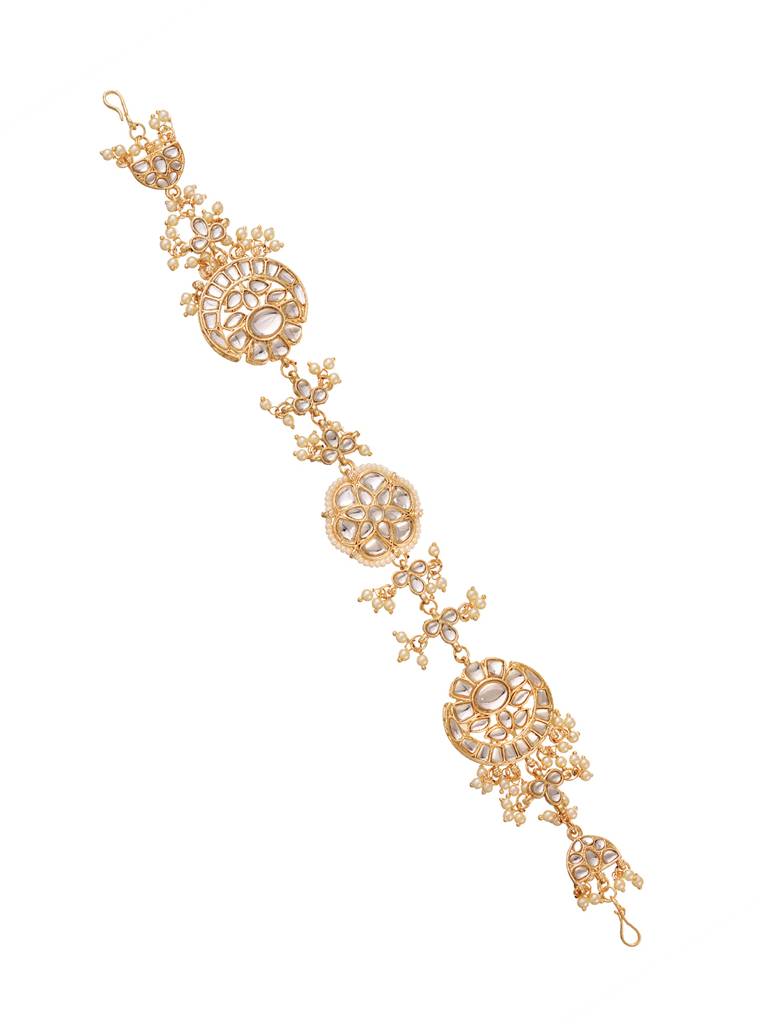 Gold Detailed Uncut Kundan With Pearl Beadded Floral Ethnic Head Band : SJMP1709