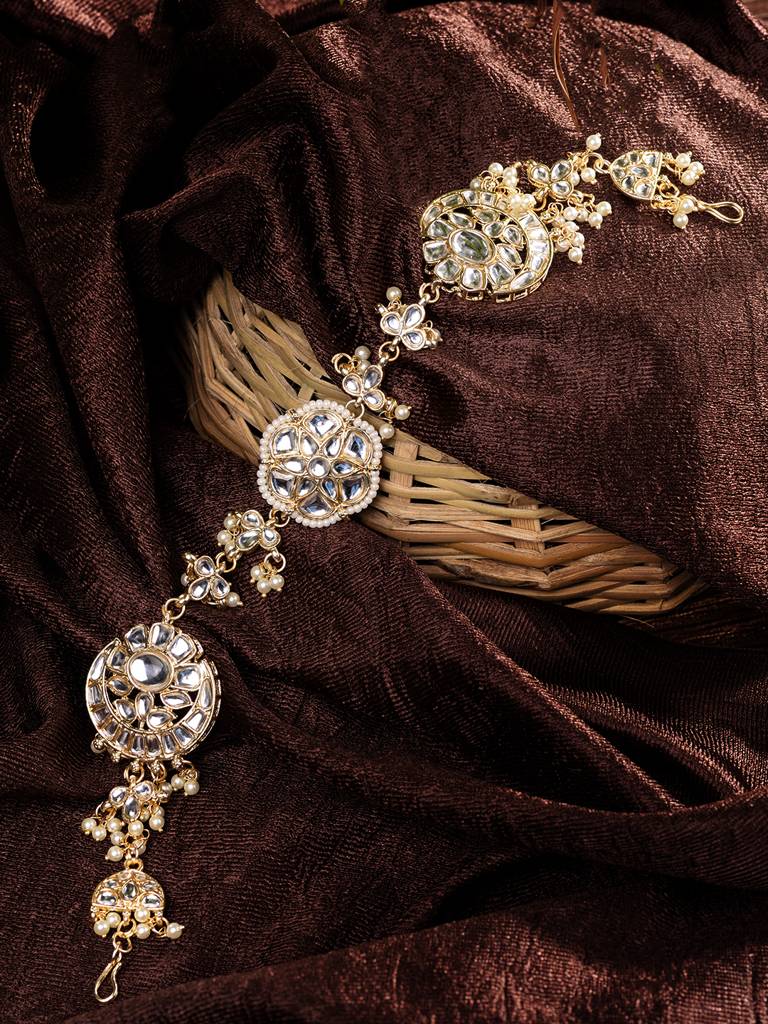 Gold Detailed Uncut Kundan With Pearl Beadded Floral Ethnic Head Band : SJMP1709