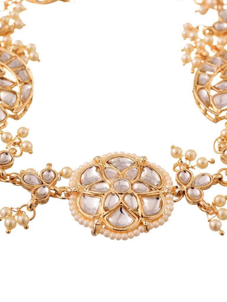 Gold Detailed Uncut Kundan With Pearl Beadded Floral Ethnic Head Band : SJMP1709