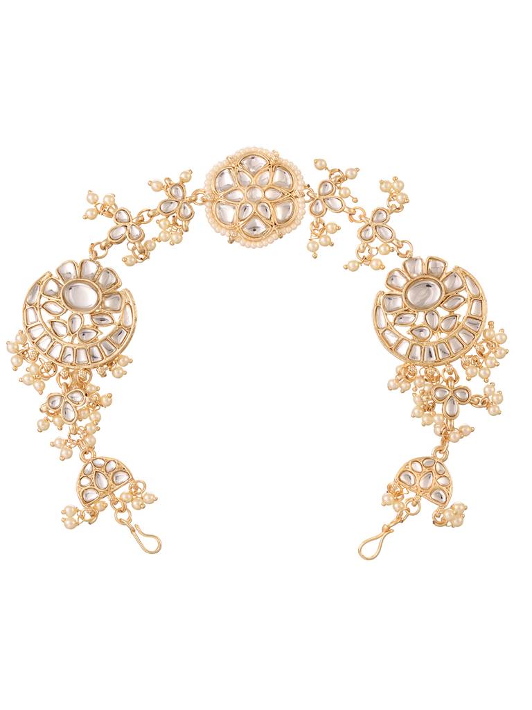 Gold Detailed Uncut Kundan With Pearl Beadded Floral Ethnic Head Band : SJMP1709