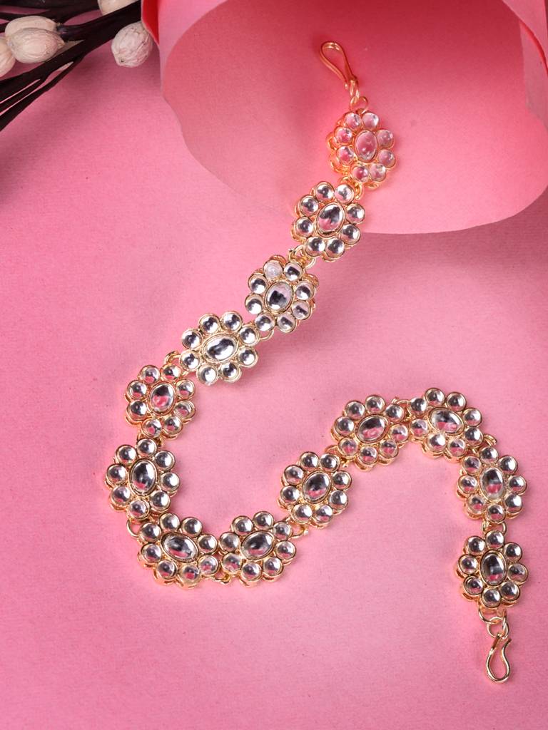 Gold Plated Kundan Studded Floral Designer Head Band : SJMP1710