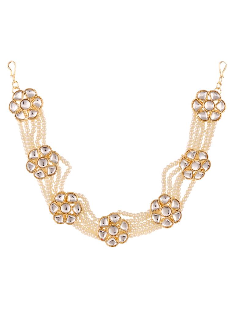 Gold Toned Kundan Studded Pearl Layered Modern Floral Head Band : SJMP1711