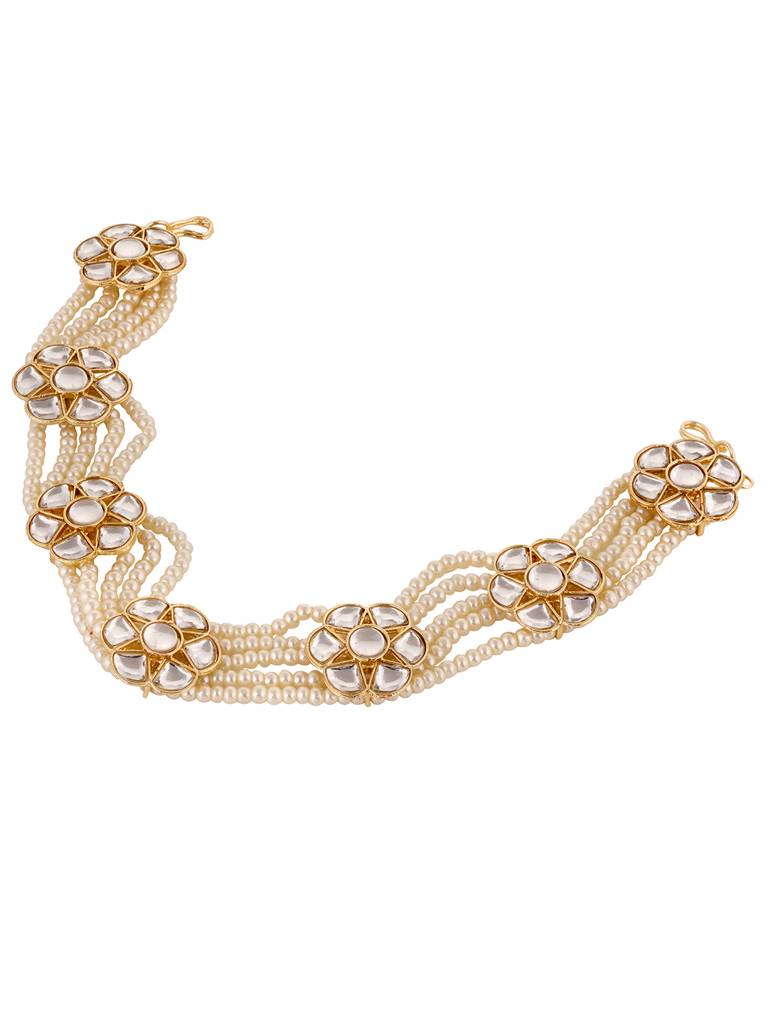 Gold Toned Kundan Studded Pearl Layered Modern Floral Head Band : SJMP1711