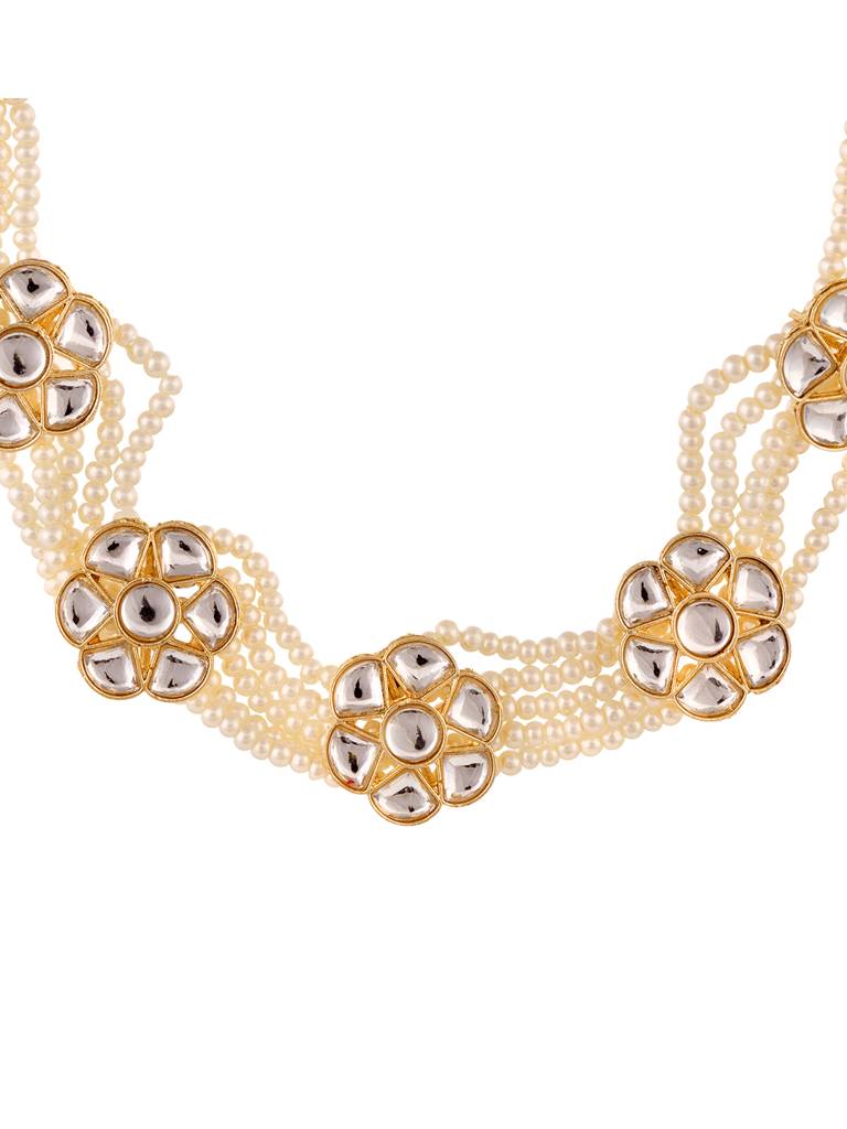 Gold Toned Kundan Studded Pearl Layered Modern Floral Head Band : SJMP1711