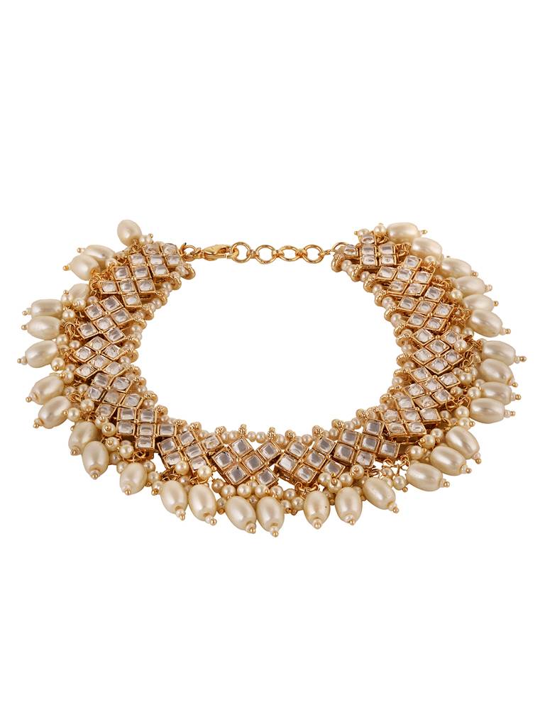 Gold Toned Kundan Studded Paerl Beadded Ethnic Bridal Anklet Payel : SJPL1712