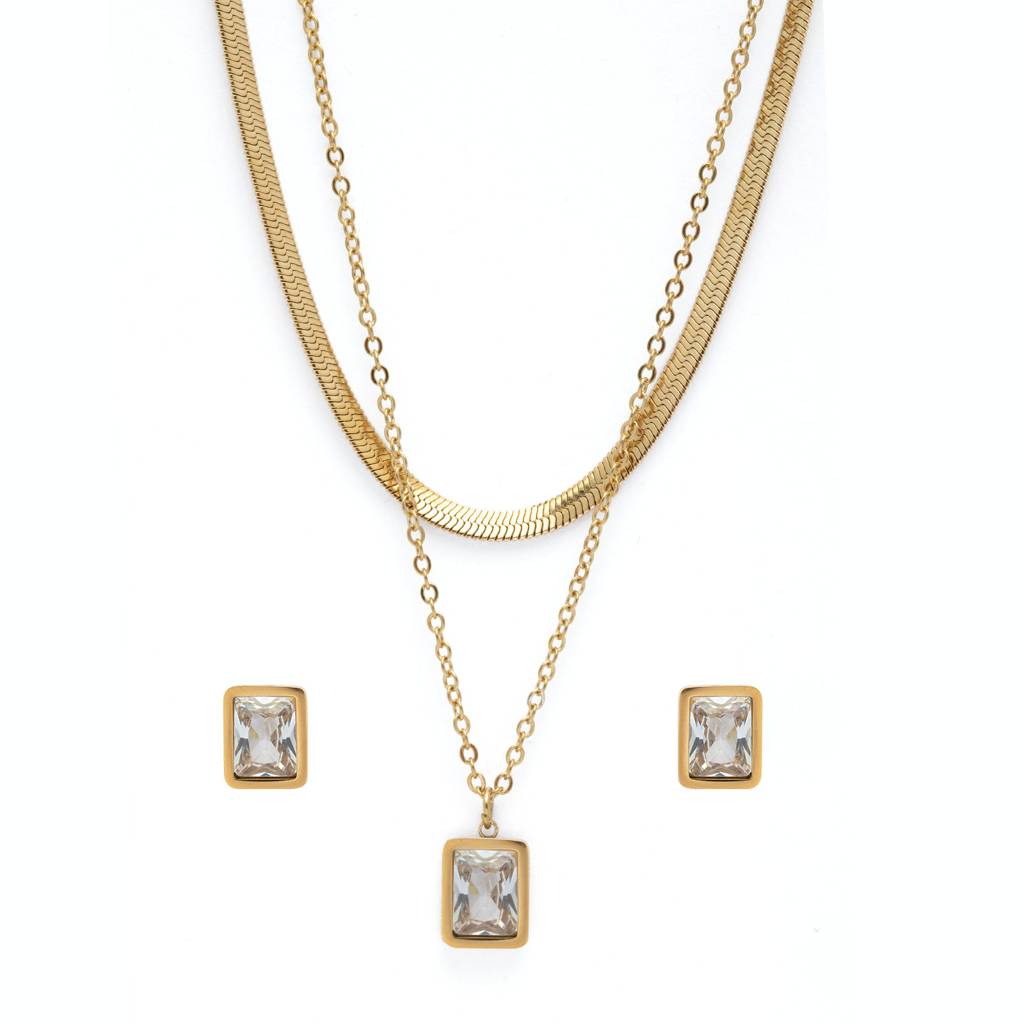 Shine Code 18K Gold Plated Earrings : WhiteCrystal18KGoldPlatedMulti-LayerNecklacewithEarrings
