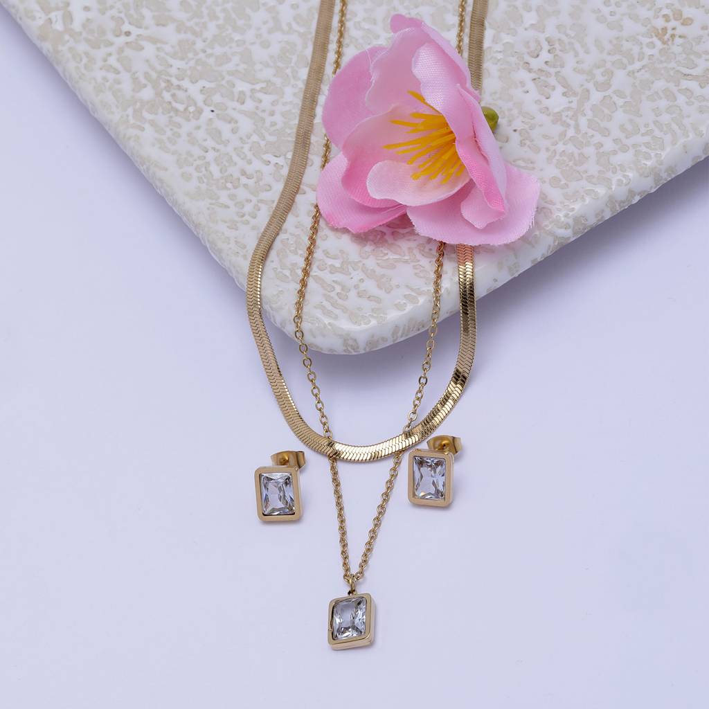 Shine Code 18K Gold Plated Earrings : WhiteCrystal18KGoldPlatedMulti-LayerNecklacewithEarrings