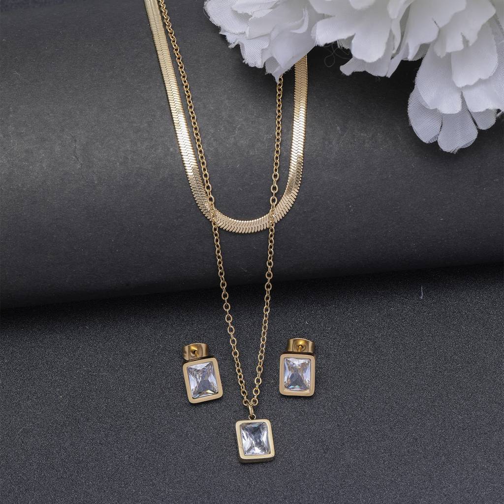 Shine Code 18K Gold Plated Earrings : WhiteCrystal18KGoldPlatedMulti-LayerNecklacewithEarrings
