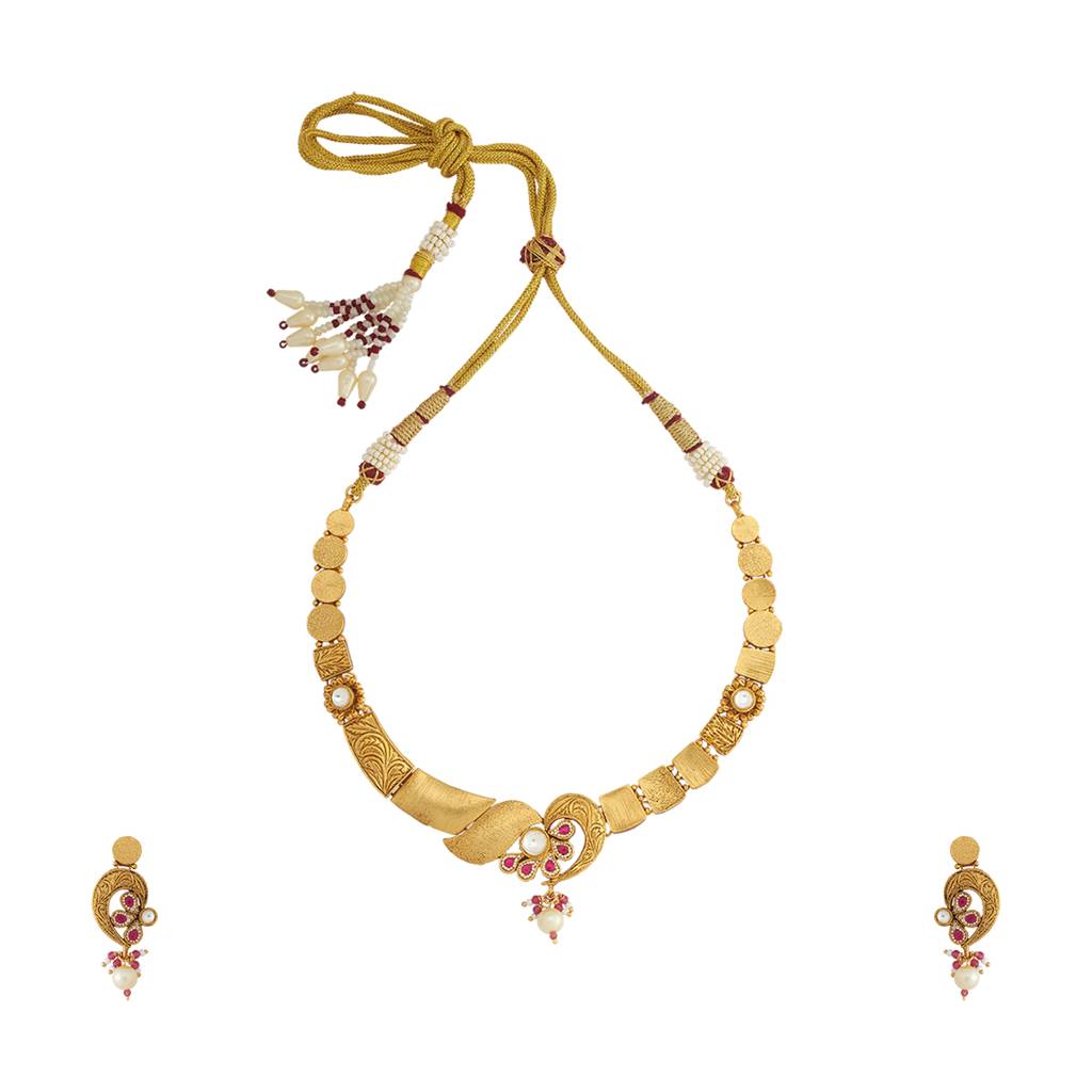 Kushal'S Fashion Jewellery Ruby Gold-Plated Ethnic Antique Jewellery Set - 416897 : 416897