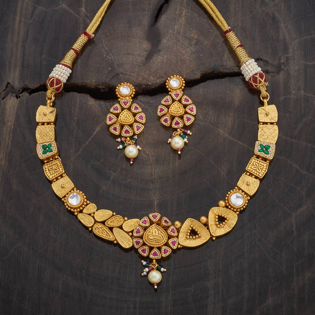 Kushal'S Fashion Jewellery Ruby-Green Gold-Plated Ethnic Antique Jewellery Set - 416898 : 416898