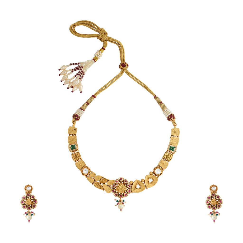 Kushal'S Fashion Jewellery Ruby-Green Gold-Plated Ethnic Antique Jewellery Set - 416898 : 416898