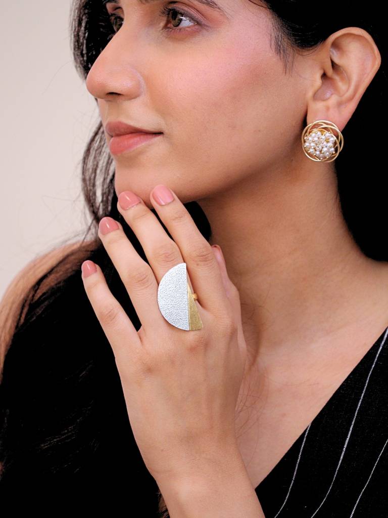 Raha Dual Tone Adjustable Brass Ring 18K Gold Plated Handmade : BJV051