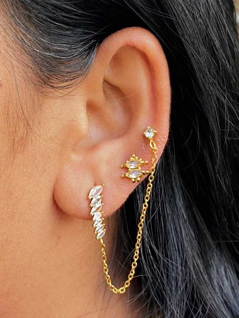 18Kt Gold Plated Demi Fine Multiple White Zircon Piercing Chain Earrings, Lyra (Single Side) : INLYRA