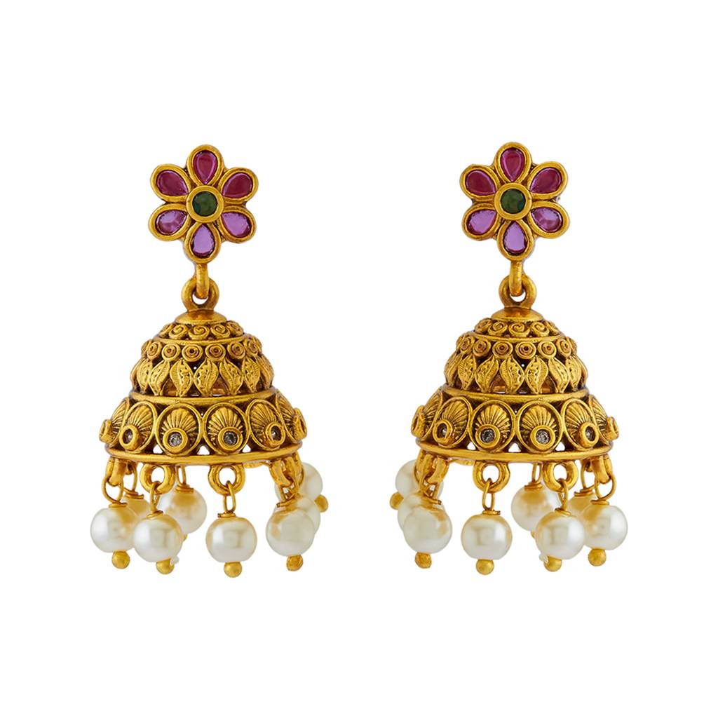 Kushal'S Fashion Jewellery Gold-Plated Dome Shaped Artificial Beads Antique Jhumkas - 418321 : 418321