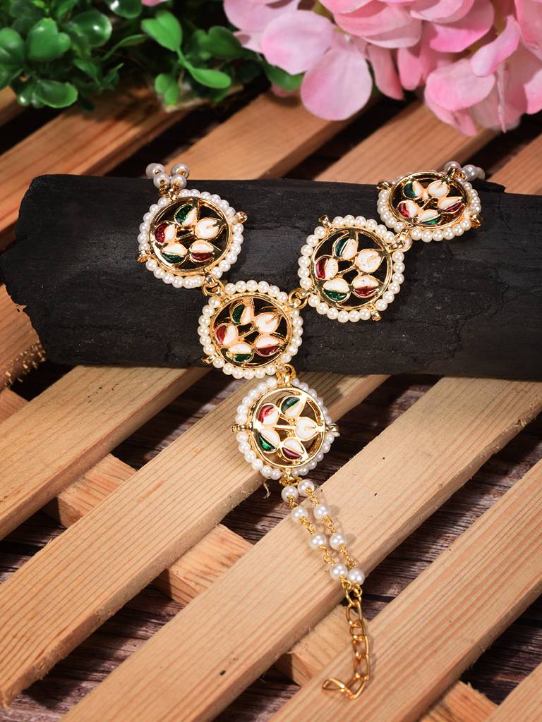 Gold Plated Kundan Stidded Hathpool : SJHP1749