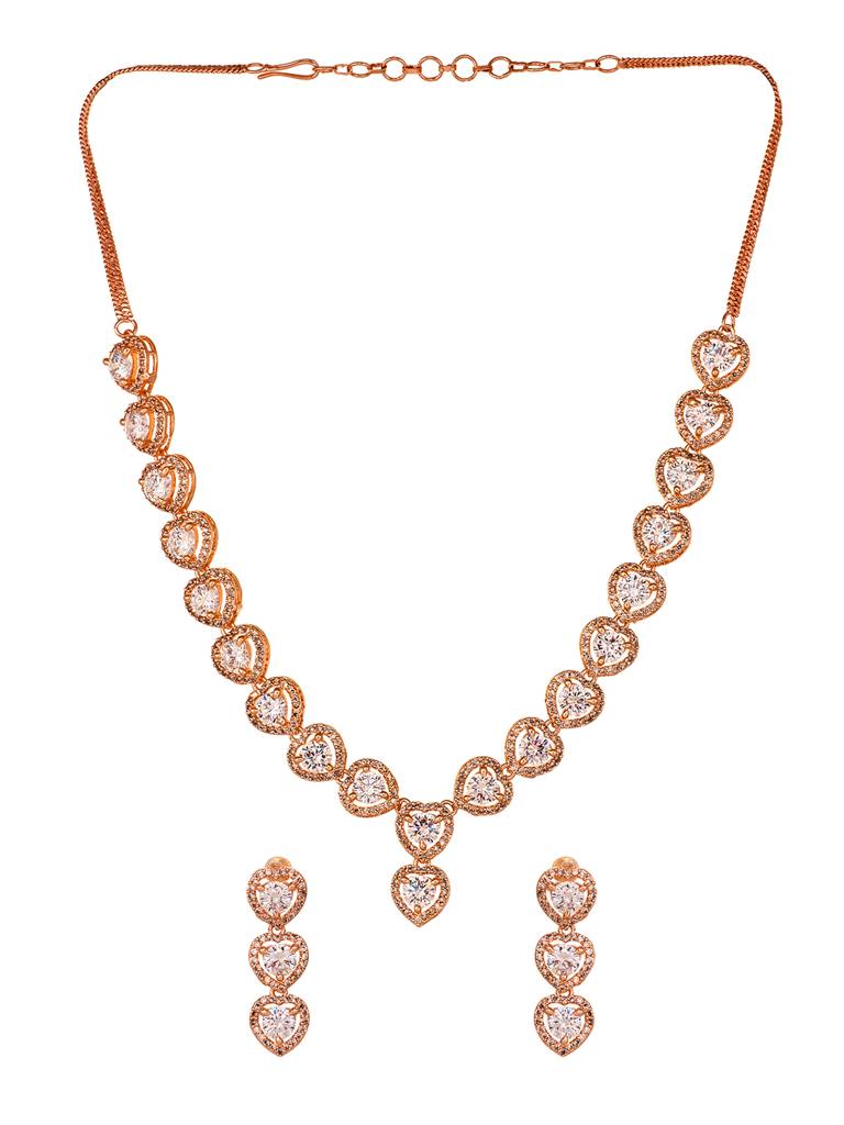 Rose Gold Toned Ad Studded Minimal Heart Shaped Necklace Jewellery Set Combo : SJNK1750