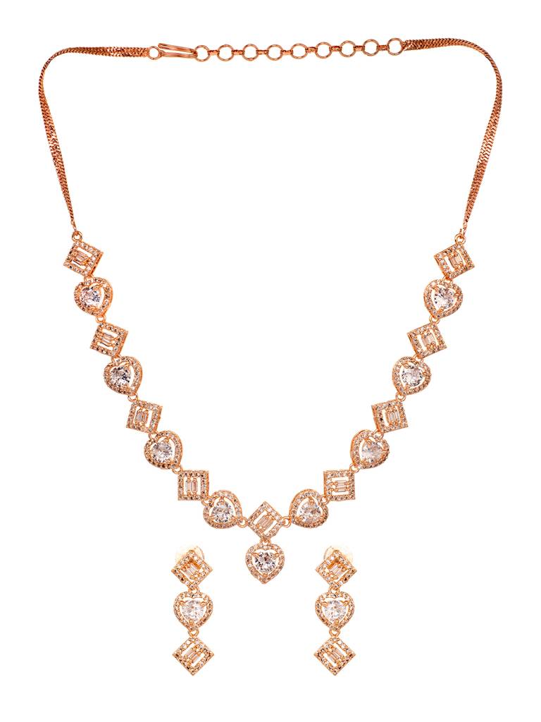 Rose Gold Toned Ad Studded Minimal Necklace Jewellery Set Combo With Wraparound Bracelet : SJNK1751