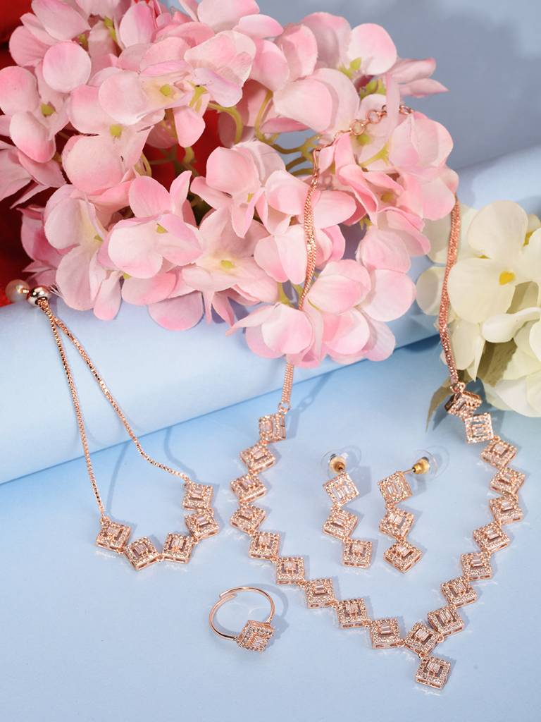 Rose Gold Plated Ad Embellished Square Shaped Jewellery Set Combo With Ring & Bracelet : SJNK1752