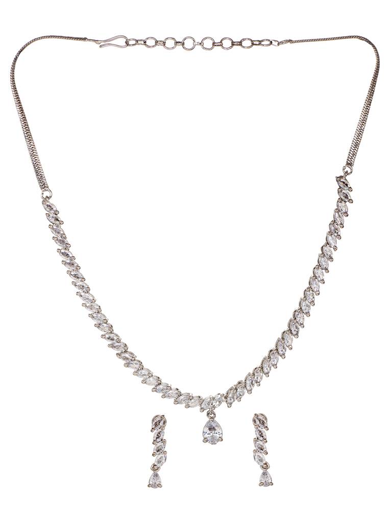 White Rhodium Plated Ad Embellished Zig Zag Minimal Necklace Jewellery Set : SJNK1756