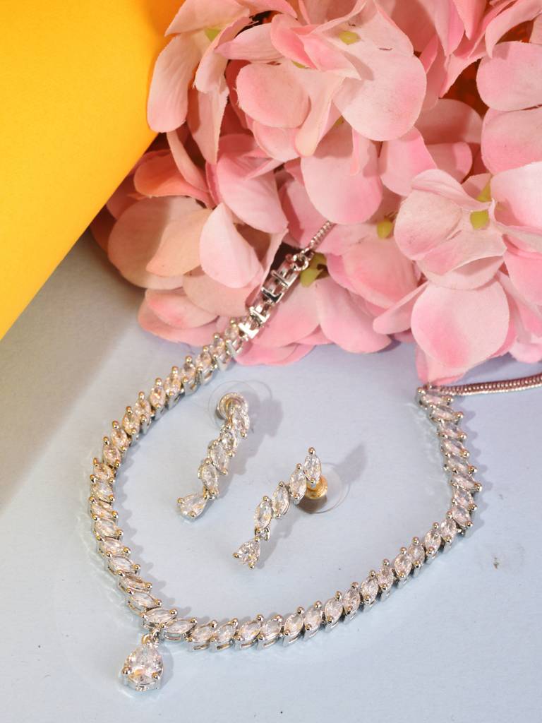 White Rhodium Plated Ad Embellished Zig Zag Minimal Necklace Jewellery Set : SJNK1756
