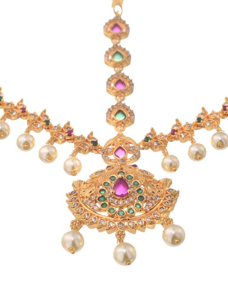 Gold Plated Ad Studded Pearl Beaded Bridal Matha Patti With Maangtikka : SJMP1757