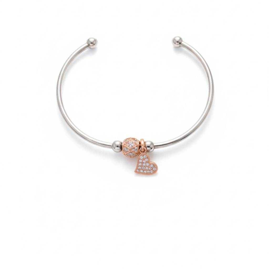925 Sterling Silver Heart Charm Bangle : RJSPBR25