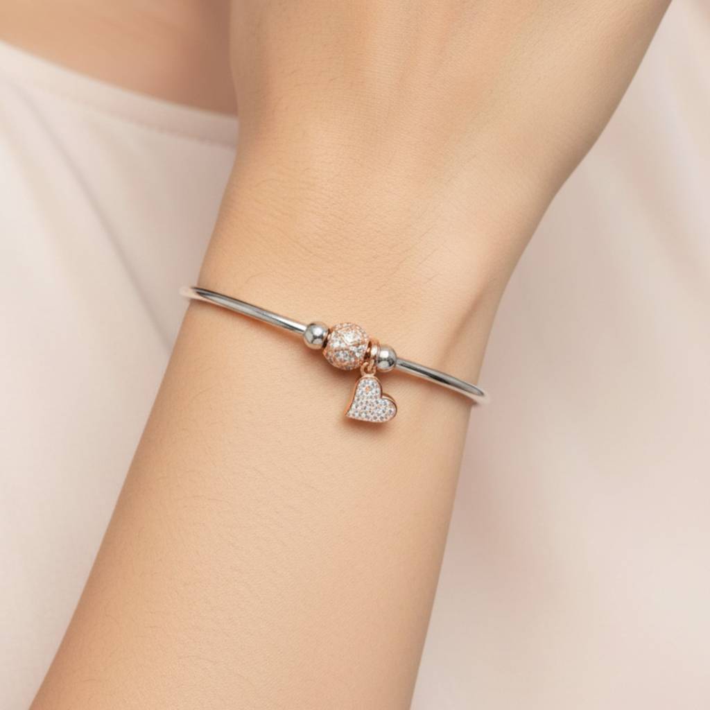 925 Sterling Silver Heart Charm Bangle : RJSPBR25