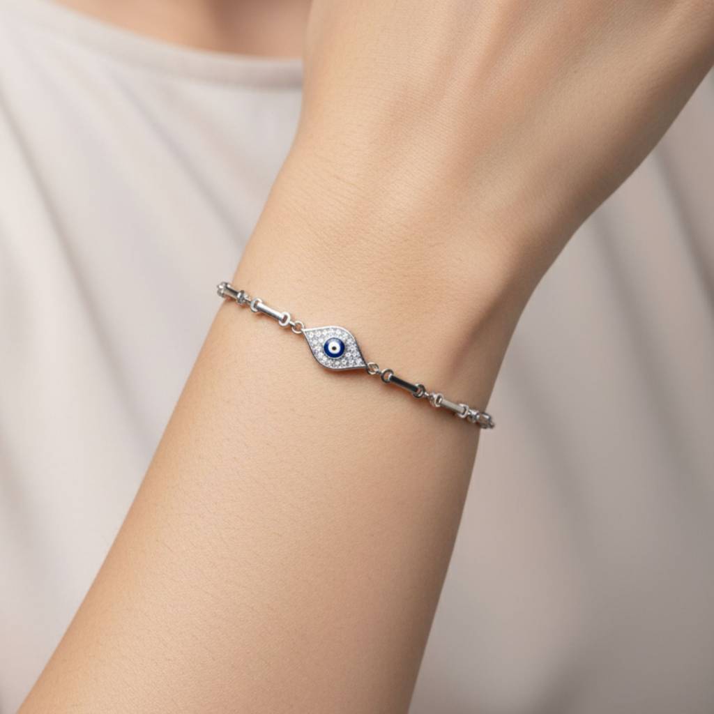 925 Sterling Silver Evil Eye Bar Link Bracelet : RJSPBR34