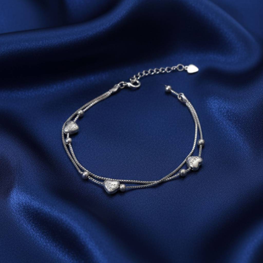 925 Sterling Silver Double Layer Heart Charm Bracelet Sterling  Silver Adjustable Silver