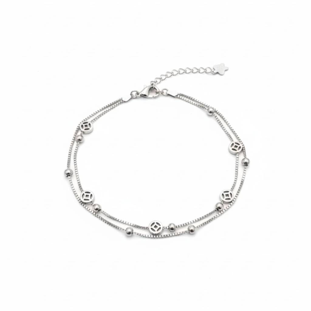 925 Sterling Silver Double Layer Geometric Charm Bracelet : RJSPBR29
